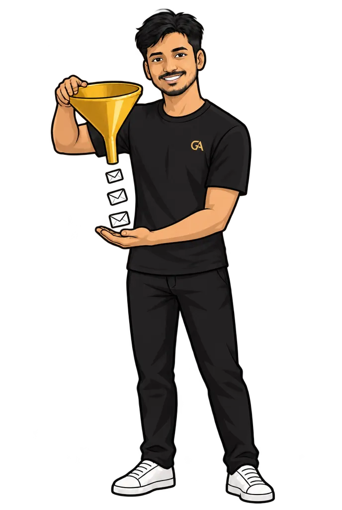 Dheenadhayalan, illustrated, holding a gold funnel turning interest into enquiries