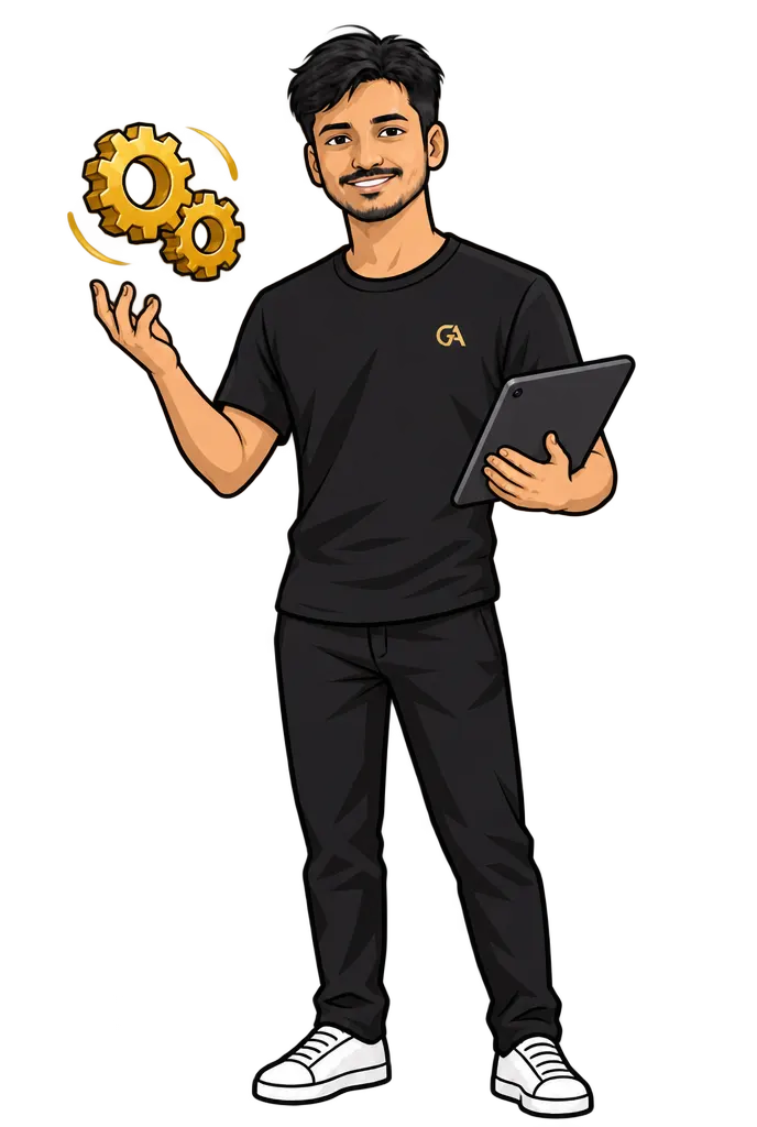 Dheenadhayalan, illustrated, setting gold gears in motion beside a tablet
