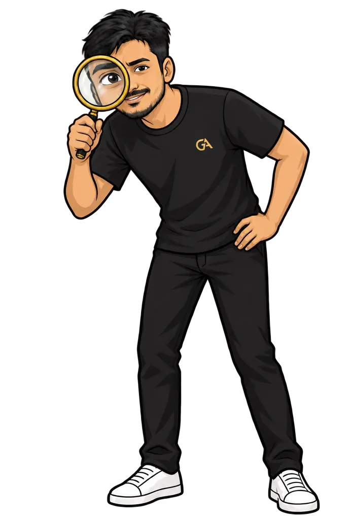 Dheenadhayalan, illustrated, inspecting details through a magnifying glass