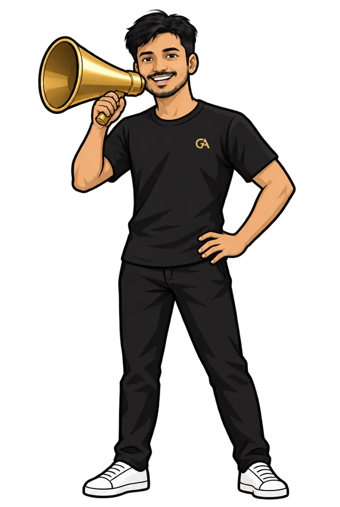 Dheenadhayalan, illustrated, announcing through a gold megaphone