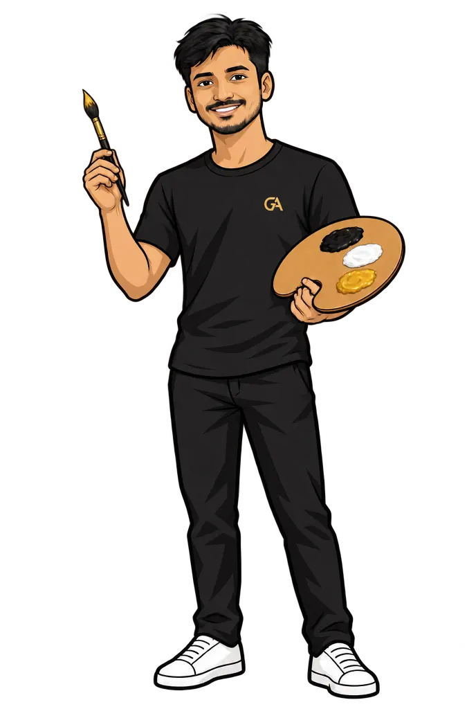 Dheenadhayalan, illustrated, holding a colour palette and brush