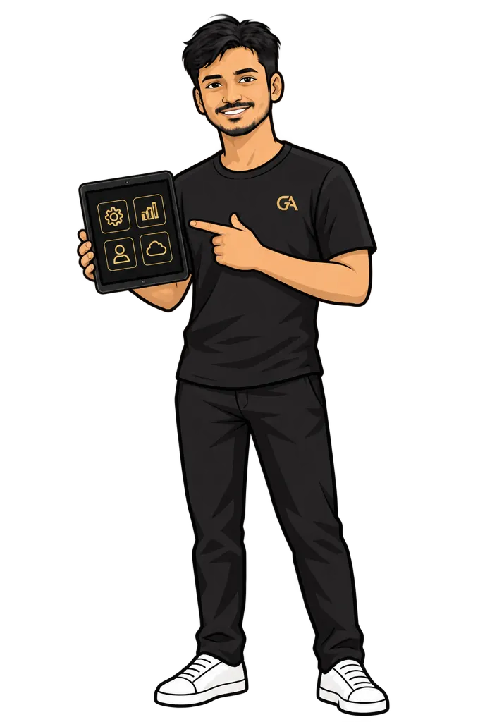 Dheenadhayalan, illustrated, presenting services on a tablet